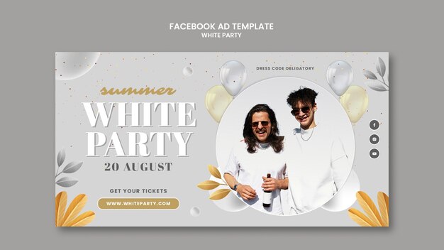 White party social media promo template with balloons and leaves