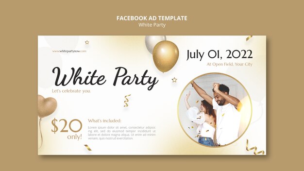 White party social media promo template with balloons