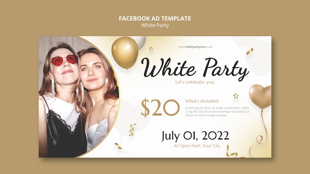 White party social media promo template with balloons