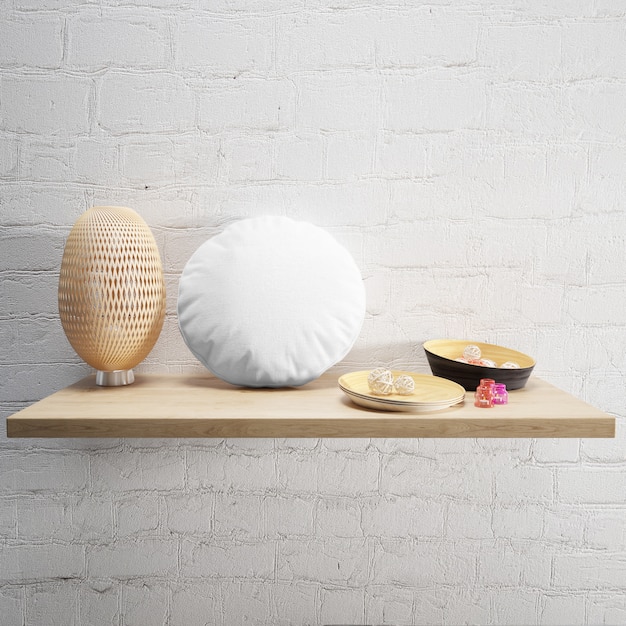 Free PSD white soft pillow and lamp on a wooden shelf