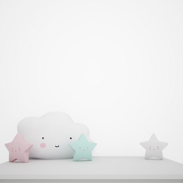 Free PSD white table decorated with children's objects, kawaii clouds and stars