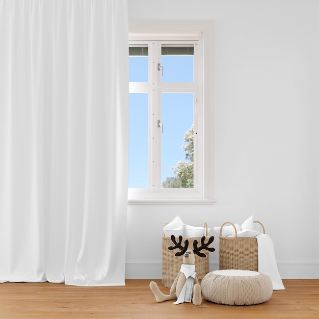 Wicker basket and toy plushie near curtains