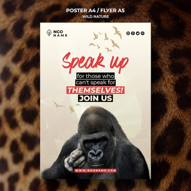 Free PSD wild nature poster template with photo of gorilla