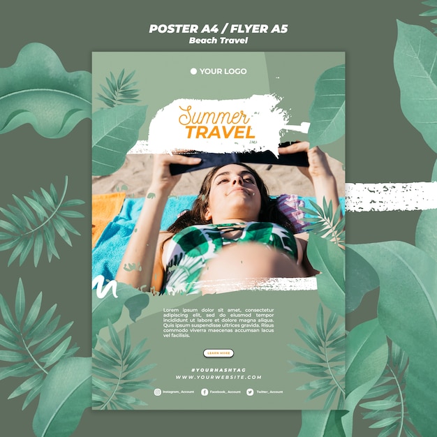 Free PSD woman on the beach summer travel poster template