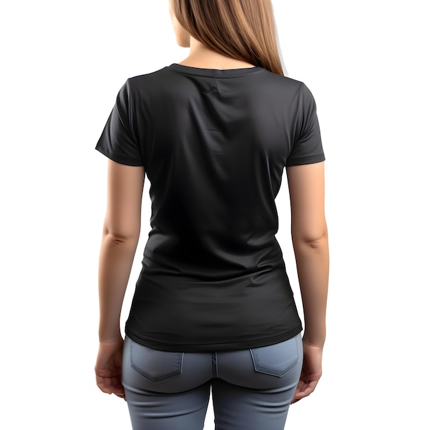 Free PSD woman in blank black t shirt front view isolated on white background