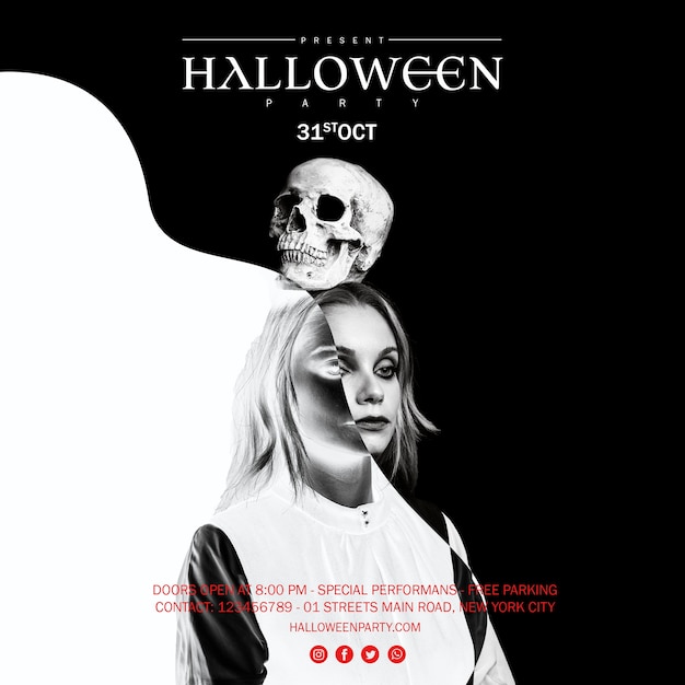 Free PSD woman holding a skull on her head for halloween in black and white