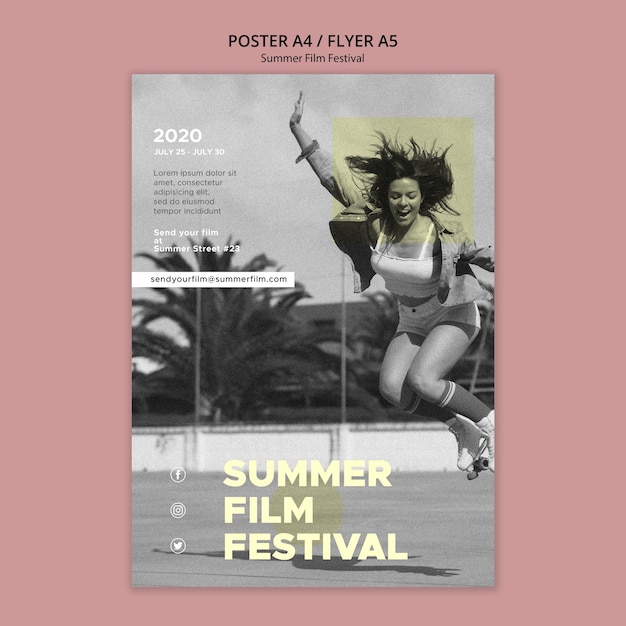 Free PSD woman jumping summer film festival poster template