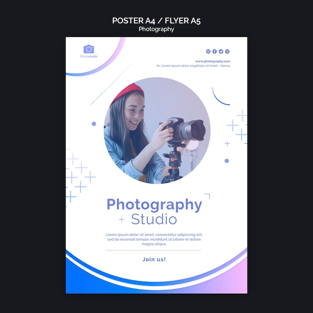 Free PSD woman and modern camera poster template