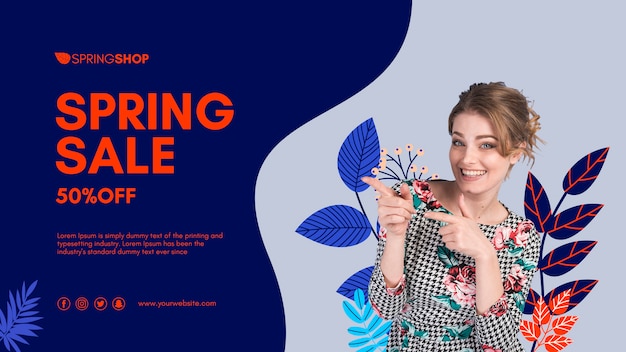 Woman pointing spring sale banner