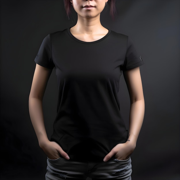 Free PSD woman wearing blank black t shirt on black background front view