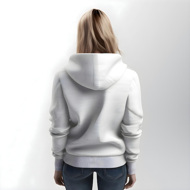 Free PSD woman in white hoodie on a white background back view