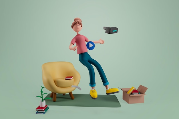 Woman with virtual reality glasses and books in living room on isolated background 3d illustration Cartoon characters