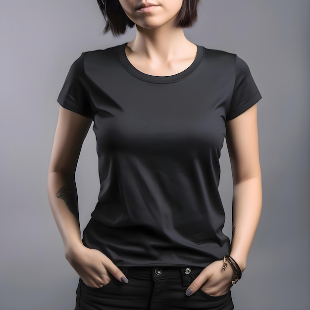 Free PSD women wearing blank black t shirt with clipping path mock up