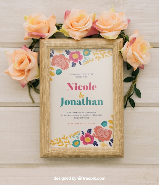 Wooden frame and floral ornaments mock up