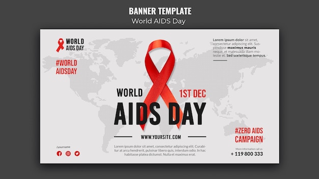 Free PSD world aids day banner template with red ribbon