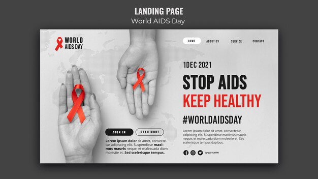 Free PSD world aids day landing page template with red ribbon