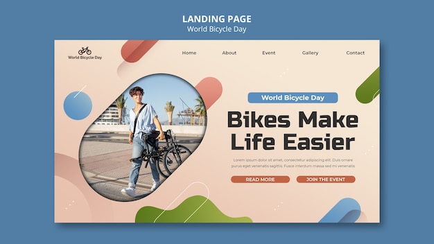 Free PSD world bicycle day landing page template with person using bike