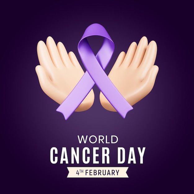 Free PSD world cancer day banner with hand holding ribbon illustration for campaign and poster