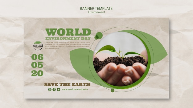 Free PSD world environment day banner template with hands holding plant