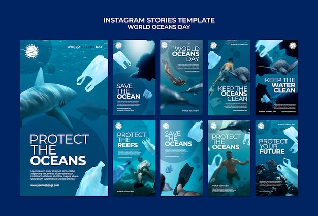 Free PSD world oceans day instagram stories collection with marine life and plastic polution