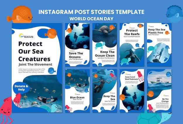 Free PSD world oceans day instagram stories collection with person scuba diving