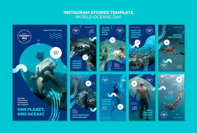 Free PSD world oceans day instagram stories collection with person scuba diving