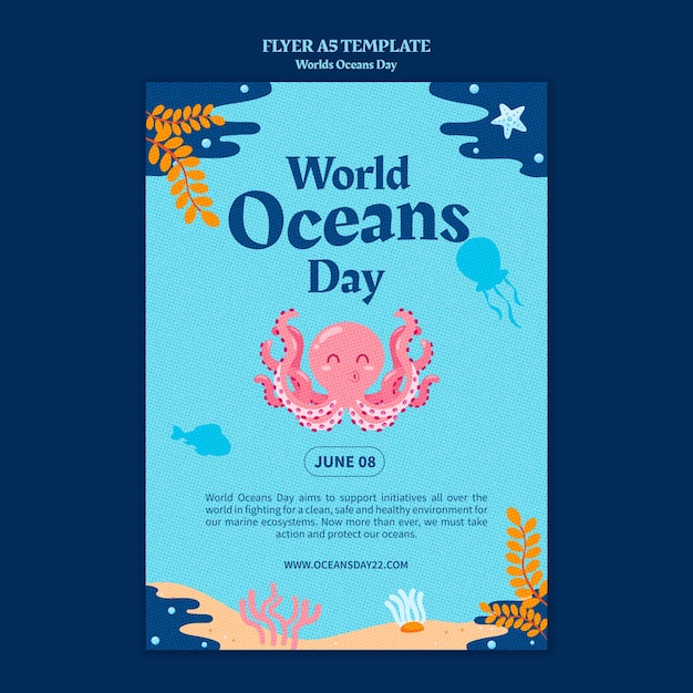 Free PSD world oceans day vertical flyer template with marine life