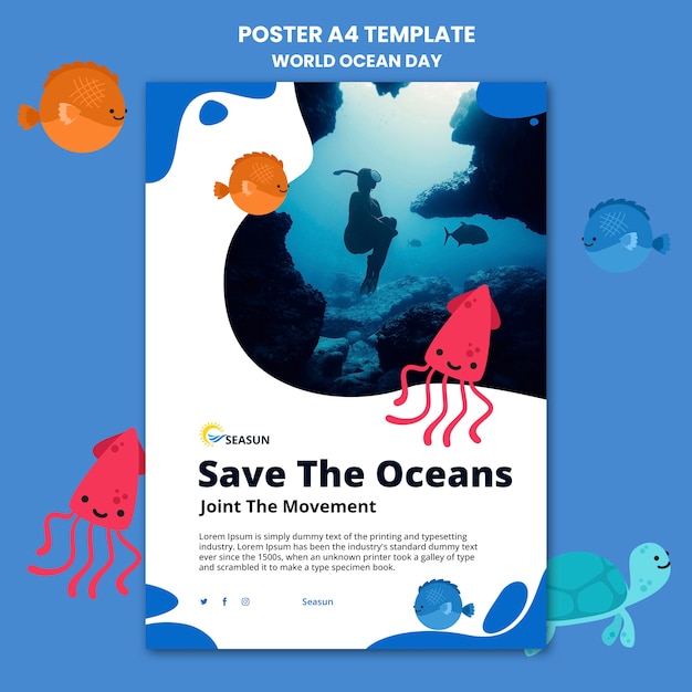 Free PSD world oceans day vertical poster template with person scuba diving