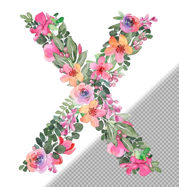 X letter in uppercase made of soft handdrawn flowers and leaves