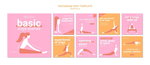 Yoga instagram posts collection with person stretching