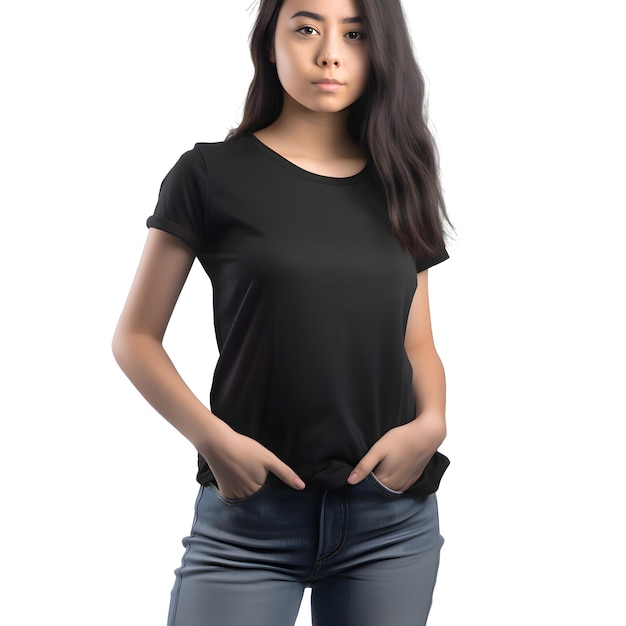 Free PSD young asian woman wearing blank black t shirt isolated on white background