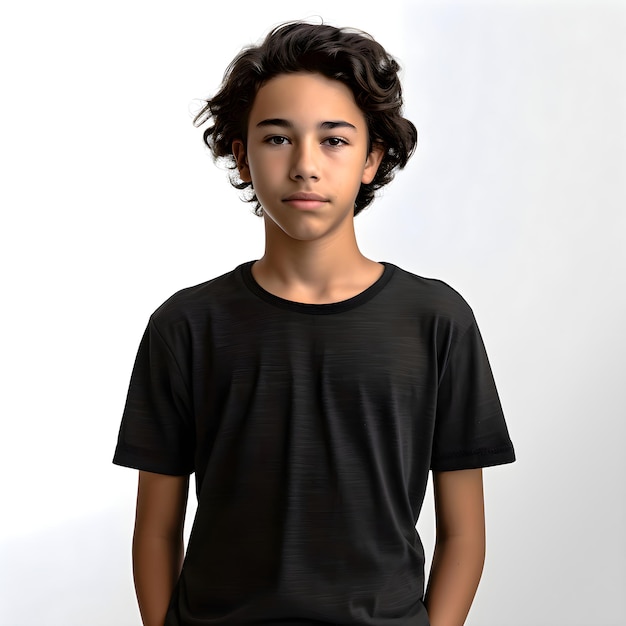 Free PSD young boy with curly hair and black t shirt on white background