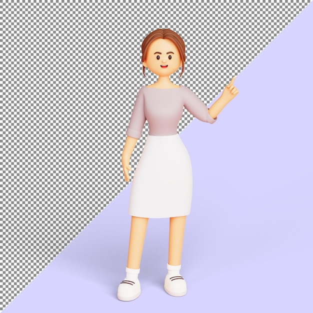 Free PSD young businesswoman standing and pointing fingers to blank area for sign or copy space 3d illustration cartoon character