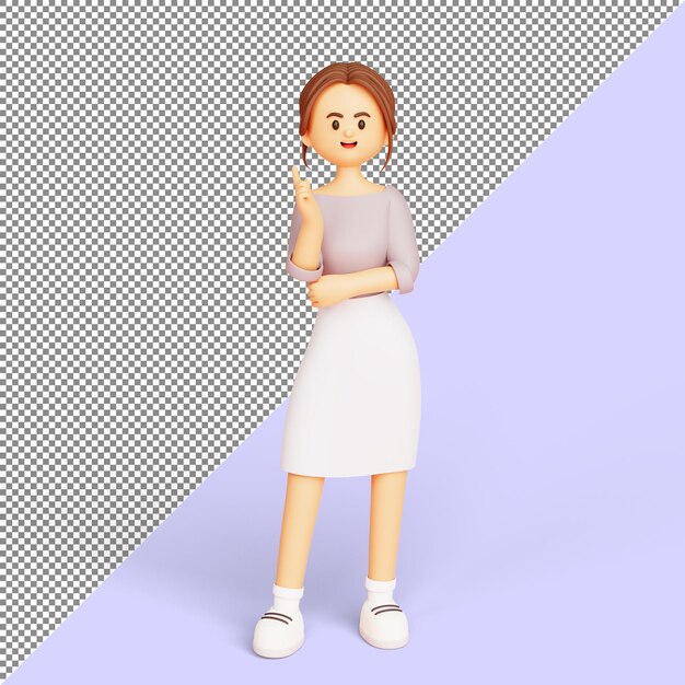 Young Businesswoman standing and pointing fingers up having great idea or having inspiration 3d illustration cartoon character