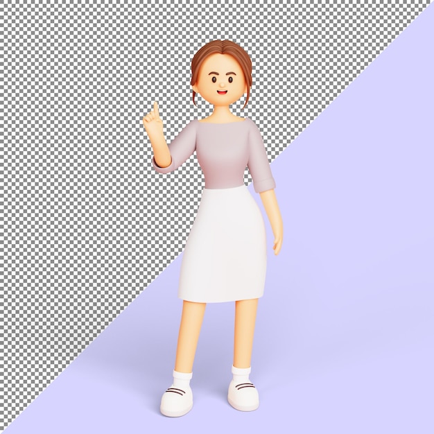 Free PSD young businesswoman standing and pointing fingers up having idea 3d illustration cartoon character