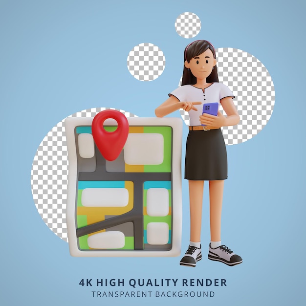 Young girl checking map using smart phone 3D character illustration