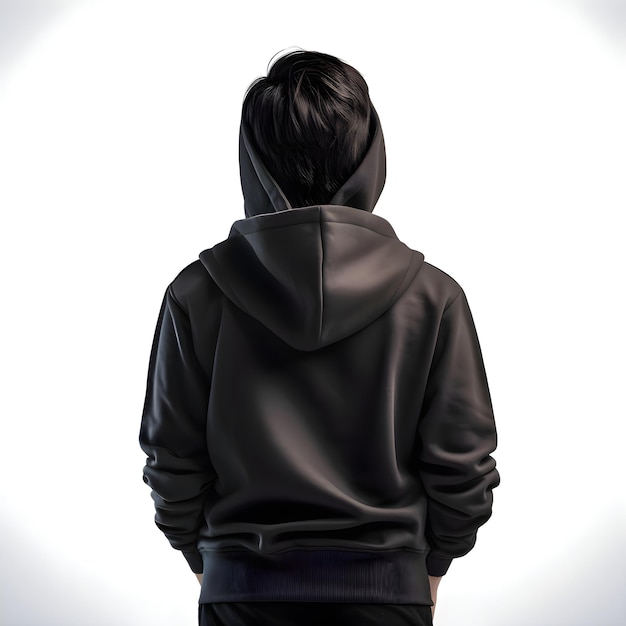 Free PSD young man in black hoodie on white background back view