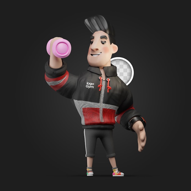 Young man character doing gym exercise. 3d illustration