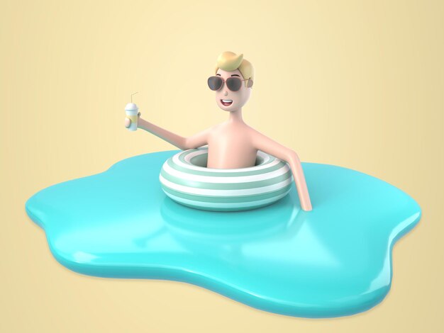 Young man wearing sunglasses on Inflatable ring in swimming pool