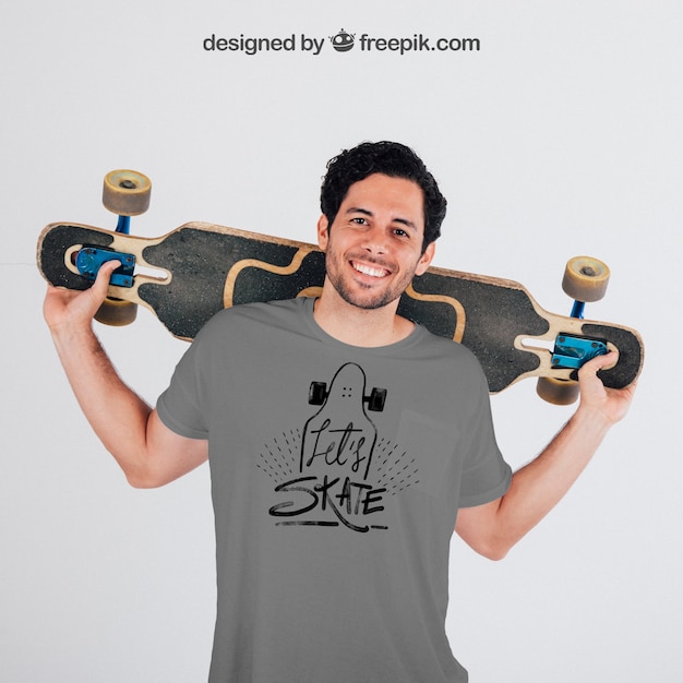 Young skater with grey t-shirt's mock up