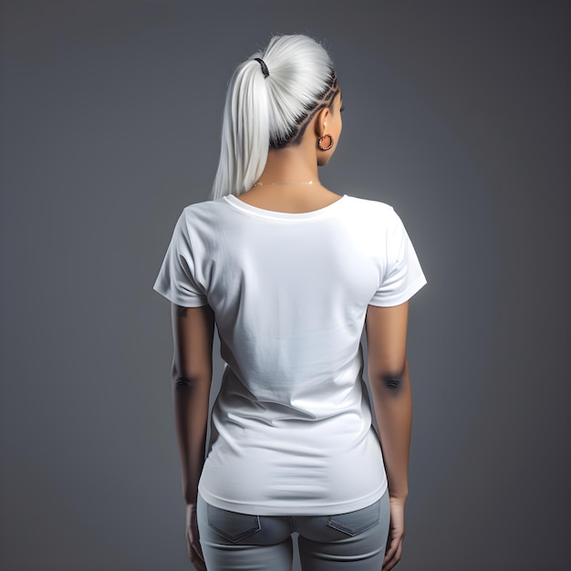 Free PSD young woman in blank white t shirt on grey background mock up