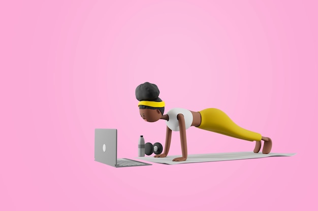 Young woman doing exercise style yoga on rubber mat with watching online tutorials on laptop Sport yoga and fitness concept 3d illustration Cartoon characters