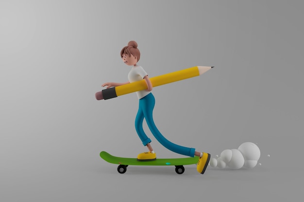 Free PSD young woman holding pencil on skateboard on isolated background education concept 3d illustration cartoon characters