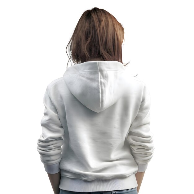 Young woman in white hoodie back view isolated on white