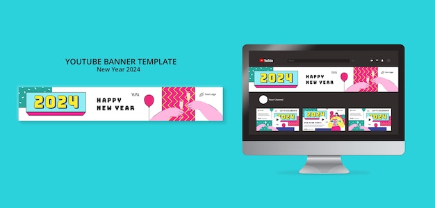 Free PSD youtube banner template for new year 2024 party celebration