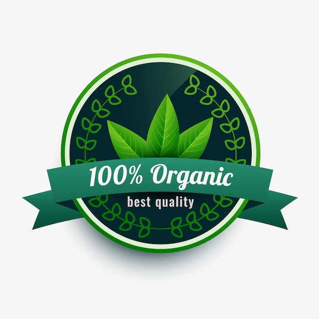 100% organic food label sticker with leaves