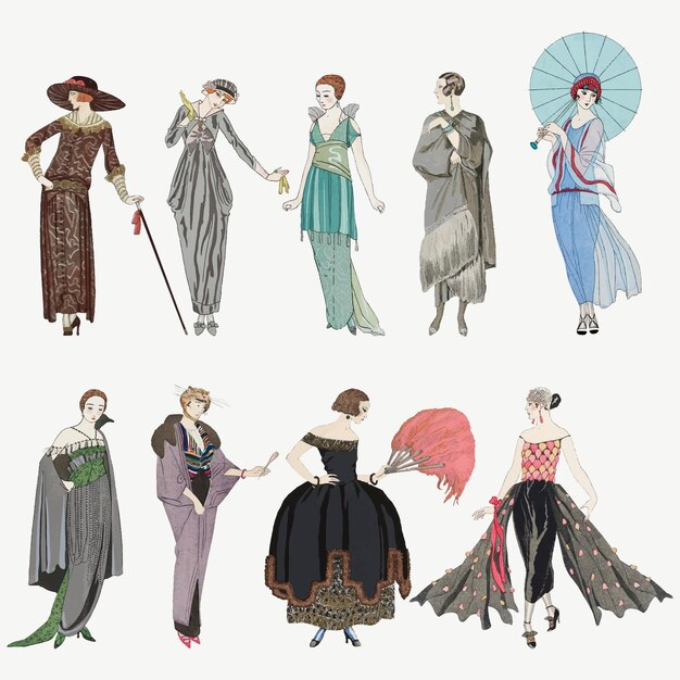 1920s women&#39;s fashion vector set, remix from artworks by George Barbier