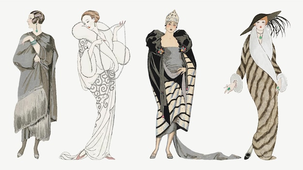 Free Vector 1920s women&#39;s fashion vector winter coat set, remix from artworks by george barbier