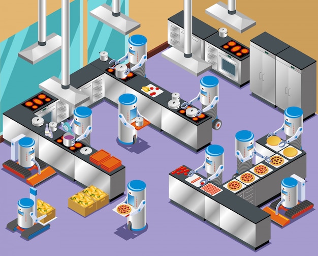 Free Vector 1isometric robotic restaurant composition