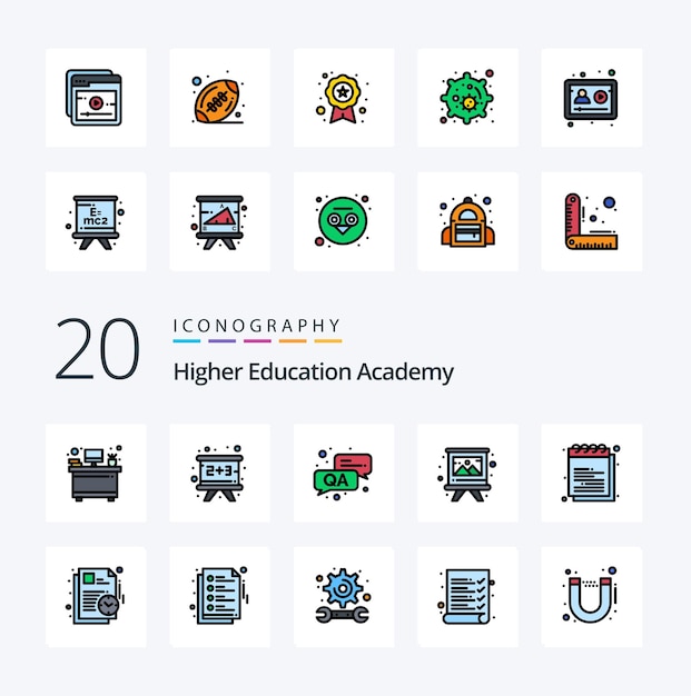 Free Vector 20 academy line filled color icon pack like study education qa academy brush